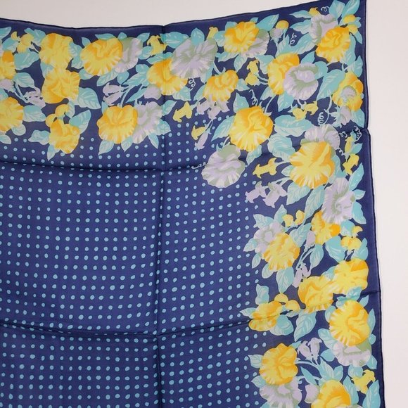 Vintage Silk Scarf Square Blue Yellow Floral Polka Dot 29"  Hand Rolled - Picture 6 of 10
